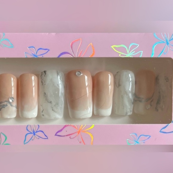 Square Long Marble French Tip Nails| Hand painted nails | Custom press on nails - Picture 1 of 5